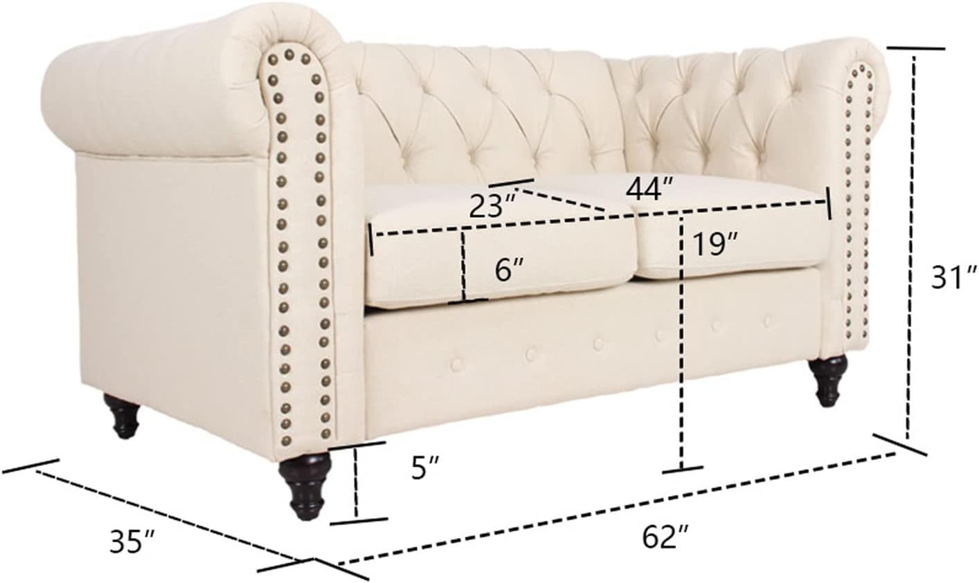 Sofá Chesterfield tradicional de lino con decoración de remaches y patas de madera para sala de estar, color crema