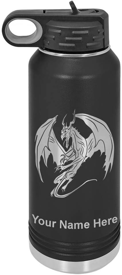 LaserGram Botella de agua con tapa abatible de doble pared de 40 onzas con pajita, dragón, grabado personalizado incluido (negro)
