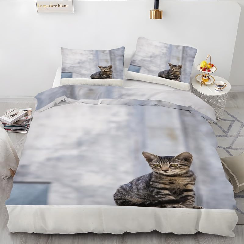 Gray Tabby Cat Twin Duvet Cover Animal Print Twin Bedding Sets Soft Microfiber Comforter Cover and 2 Pillow Shams 20″X26″, Bed Set Duvet Covers with