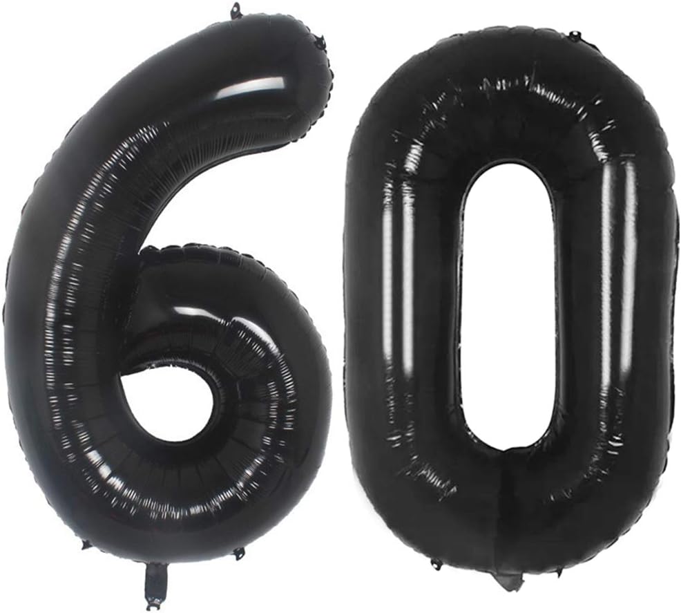 Tellpet Globo negro del número 60 + pancarta de globos de feliz cumpleaños con 5 globos de confeti dorados, decoraciones de feliz cumpleaños