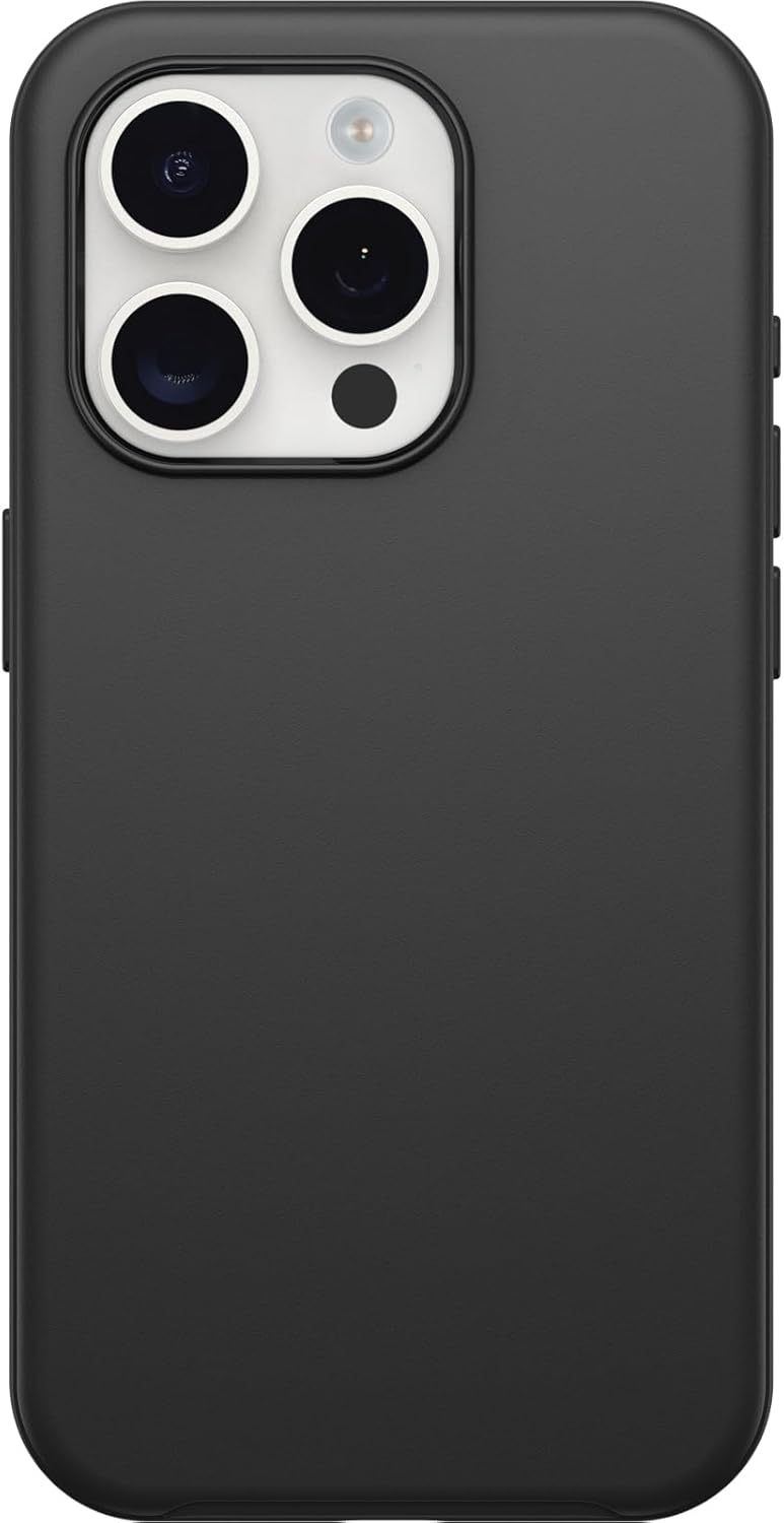 OtterBox Funda para iPhone 15 Pro (solamente) de la serie Symmetry – NEGRO, ultra elegante, compatible con carga inalámbrica, bordes elevados que