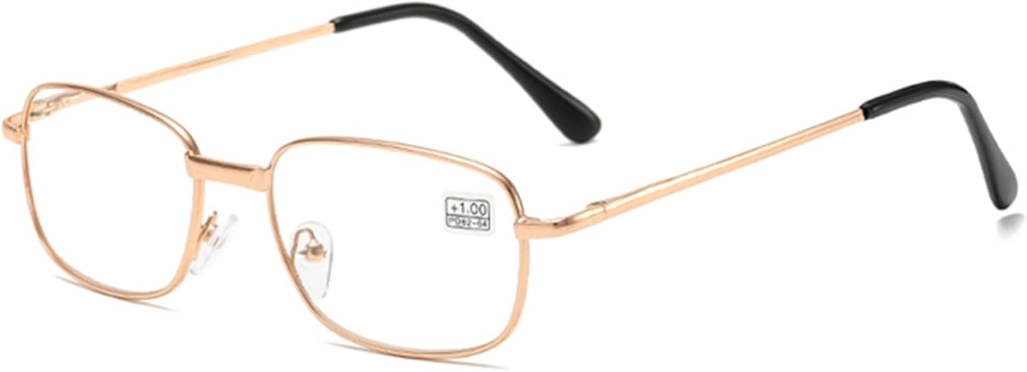 Gafas de lectura para hombres y mujeres, marco rectangular de metal con bisagra de resorte cómoda + correa para gafas