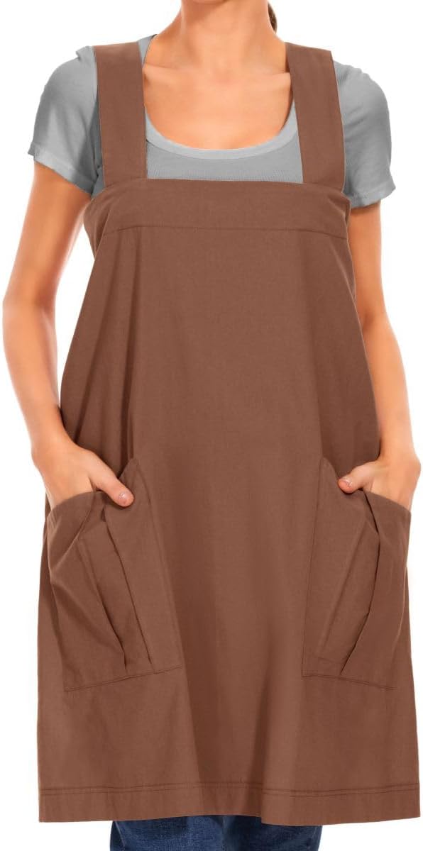 Delantal de algodón con espalda cruzada para mujer, vestido casual con bolsillos grandes, delantal cuadrado suelto para hornear, cocinar, jardinería