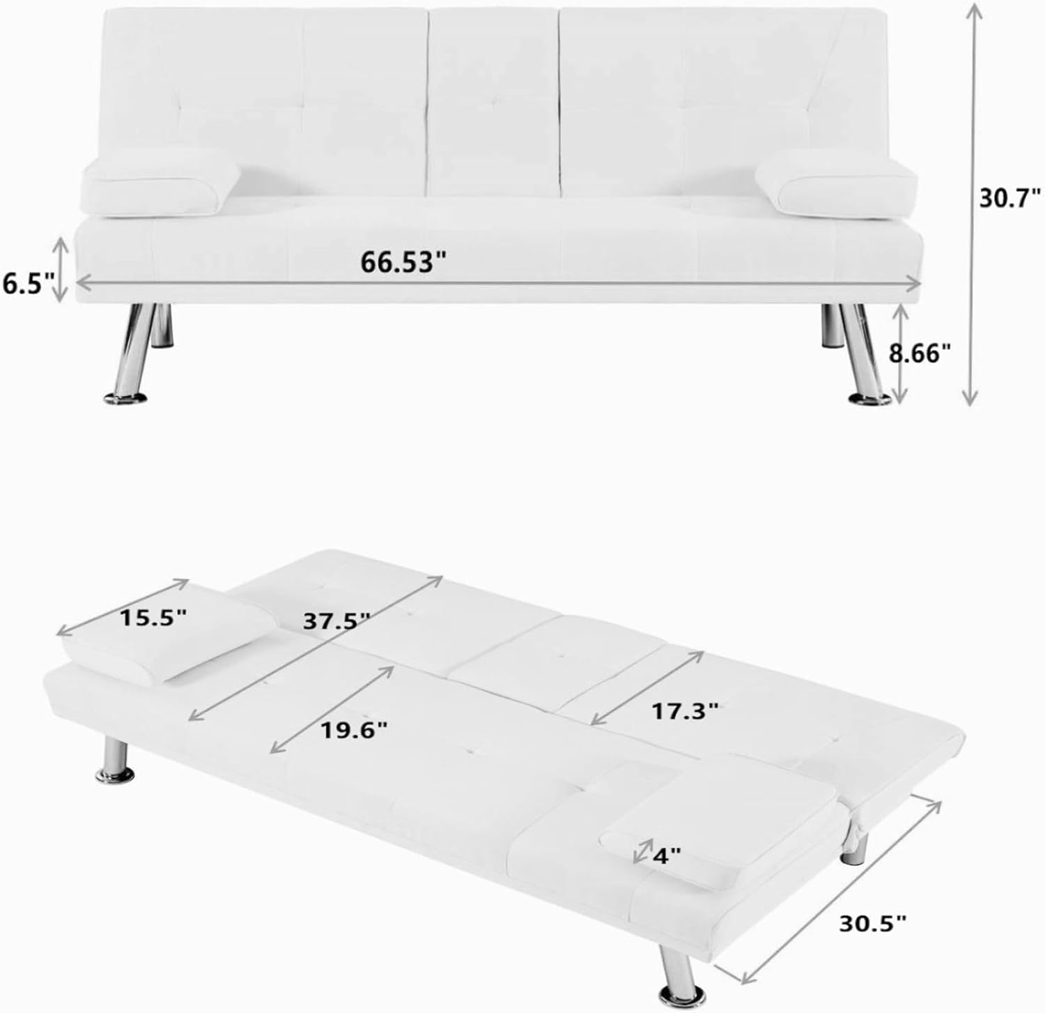 Mdhitsox Moderno sofá cama futón de terciopelo con 2 portavasos, sofá cama convertible con 3 respaldos ajustables y patas de metal, sofá biplaza