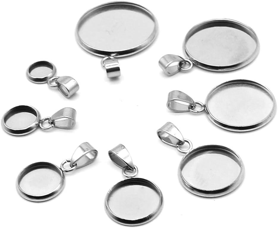 Juego de 20 bandejas colgantes de acero inoxidable, cabujones redondos, biseles, base en blanco, para fotos, collares, pulseras, joyería (plata,