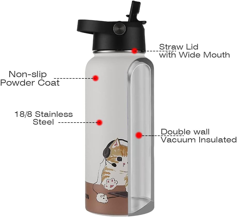 Funkrin Botella de agua aislada con tapa de popote y tapa de boquilla, taza de viaje personalizada de acero inoxidable al vacío de 32 onzas, a