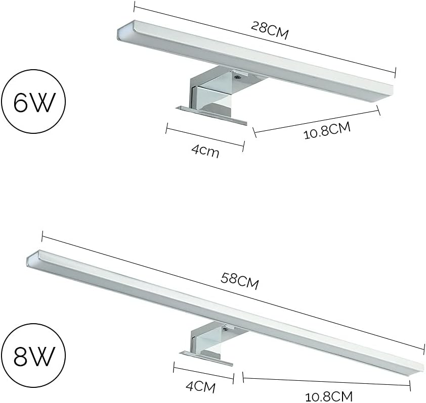 FORTTS Luz LED para armario de baño, 6000 K, luces de espejo de maquillaje, impermeables, luces LED de tocador, lámpara de pared compatible con