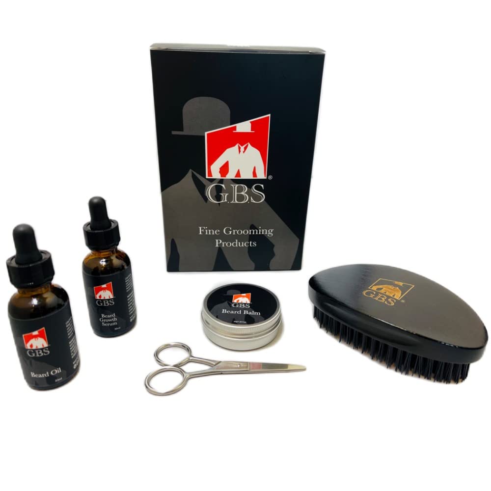 G.B.S Kit de aseo para el cuidado de la barba para hombres, aceite de barba, bálsamo para barba, suero de crecimiento de barba, cepillo militar para