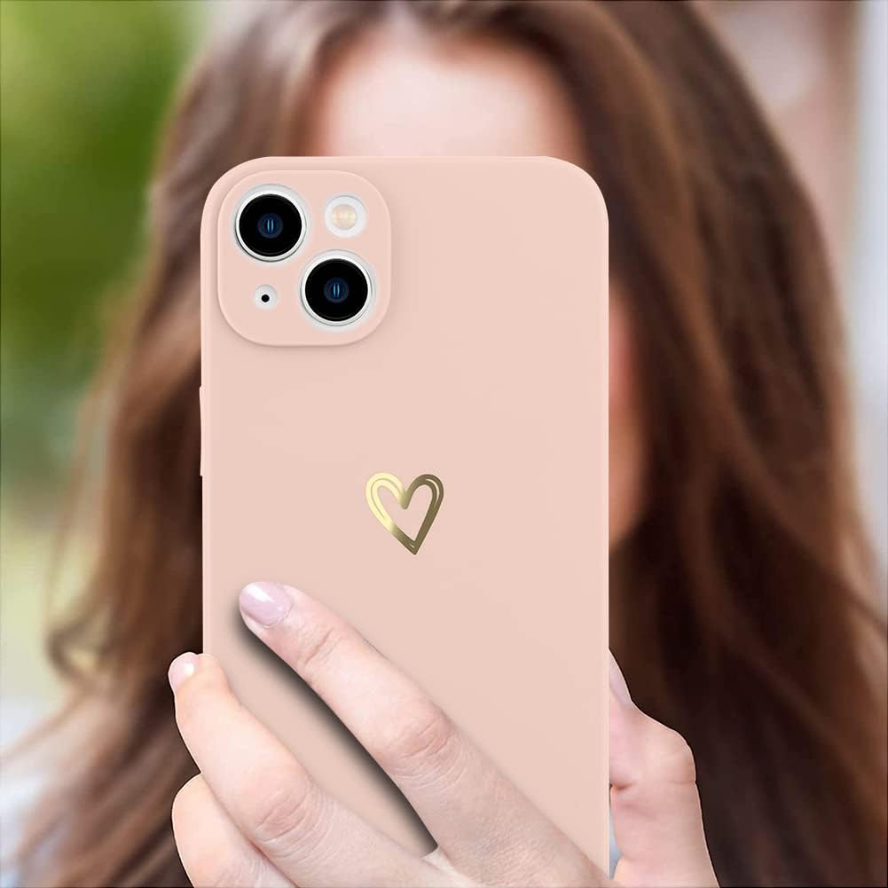 Funda compatible con iPhone 14 Plus de 6.7 pulgadas para mujeres y niñas, bonito patrón de corazón dorado con soporte de mano para muñeca, delgada,