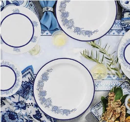 DHG PROFESSIONAL Paquete de 42 vajilla de papel floral azul bellamente diseñada, vajilla desechable de lujo para cualquier ocasión (juegos de 3