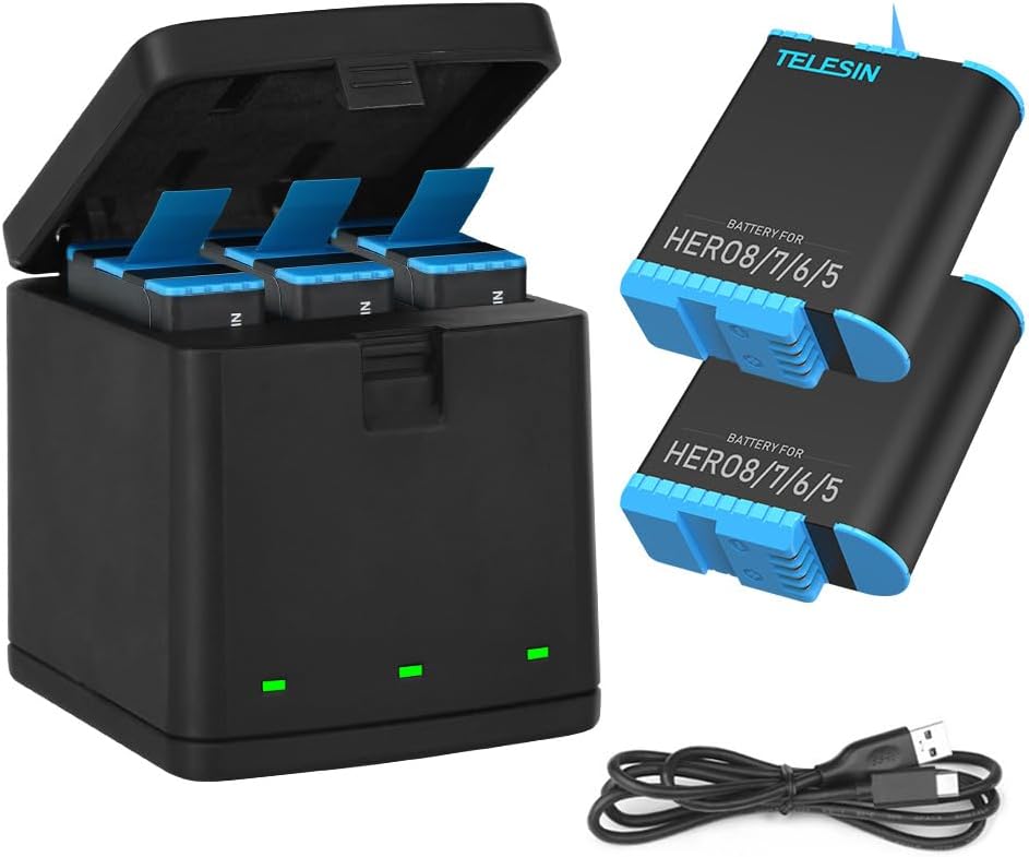 Paquete de 2 baterías para Hero 8765, batería USB de 3 canales, cargador rápido con cable tipo C compatible con GoPro Hero 8 Negro, Hero 765 negro