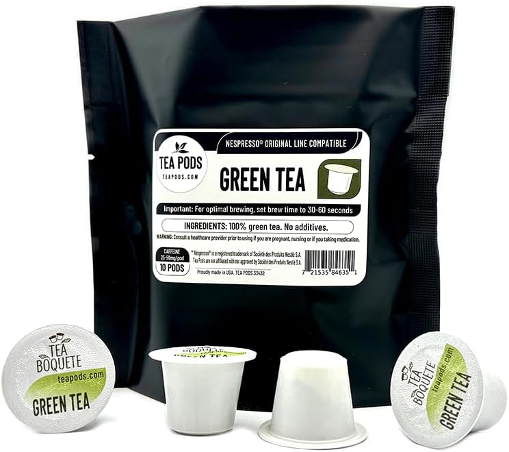 10 cápsulas de té verde compatibles con Nespresso OriginalLine, cápsulas de té de una sola porción para cafeteras, cápsulas de té para máquinas de
