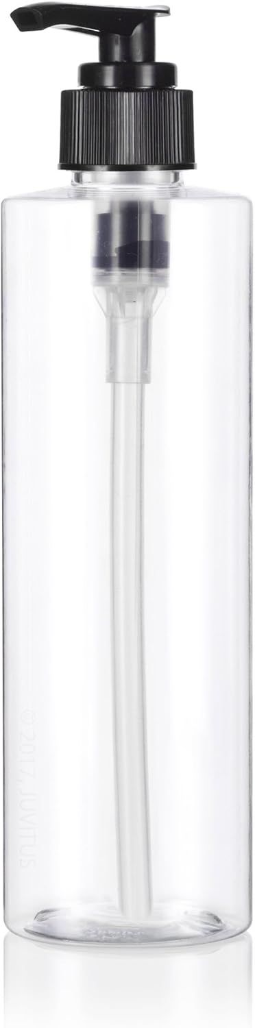 JUVITUS Botellas de plástico PET cilíndricas profesionales transparentes de 8 onzas (8.5 fl oz) (sin BPA) con bomba de loción negra (paquete de 6)