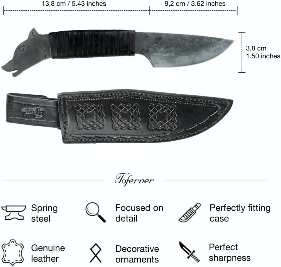 Toferner Cuchillo de regalo original – Lobo – Negro – Cuchillo forjado a mano – Deportes – Hoja endurecida a mano Hermoso producto. Longitud total