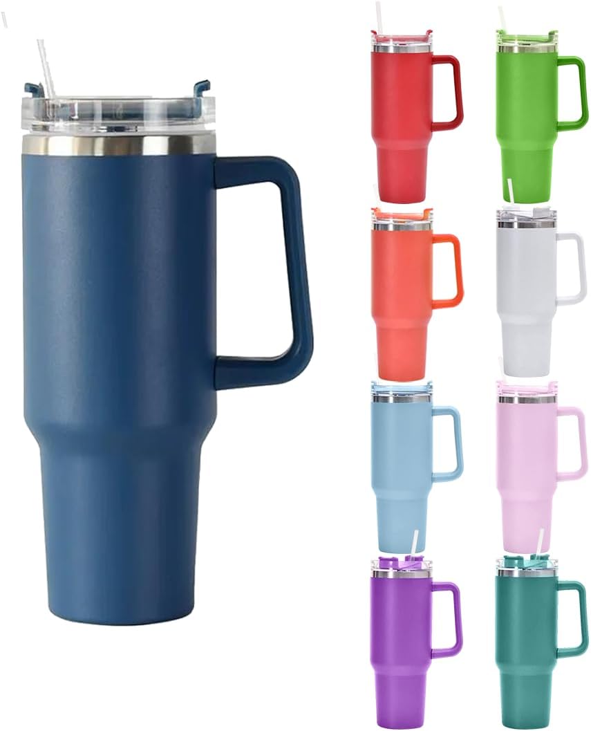 Vaso de 40 onzas con asa y pajita, vaso aislado de viaje para bebidas calientes y frías, termo de viaje, taza de café de acero inoxidable (azul
