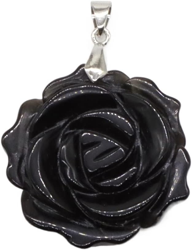 Colgante de cristal natural de 1.3 pulgadas, piedra preciosa tallada en el centro de la flor de rosa tallada, obsidiana negra, lapislázuli, para