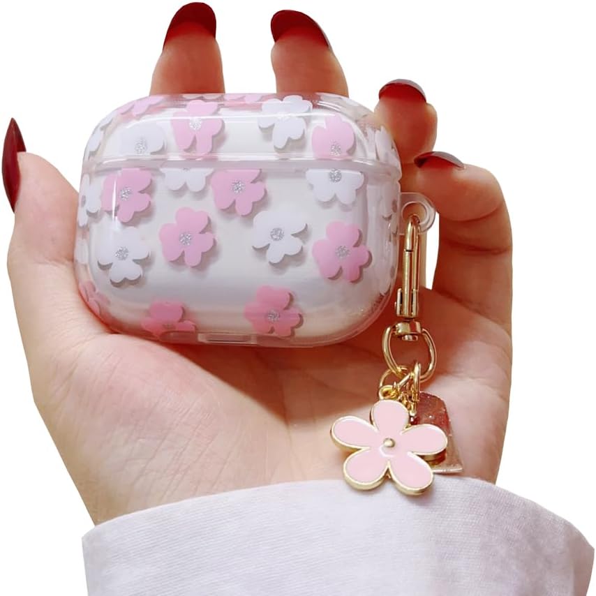 Faneiy Funda protectora para AirPods de 3 generación con llavero, bonita funda protectora para auriculares con diseño floral de flores rosadas, TPU