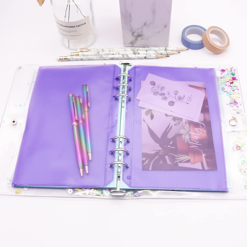 Carpeta de PVC púrpura con bolsillos, 12 unidades, tamaño A5, con cremallera, hojas sueltas, 6 agujeros, organizador de PVC con cremallera, para