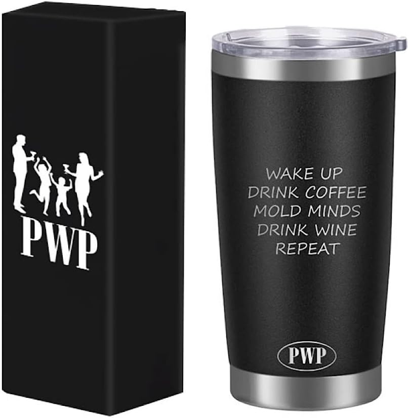 P W P Vaso de 20 onzas para café y bebida, café con diseño de mentes y repetición de vino, vaso de acero inoxidable, taza de café de viaje, vaso