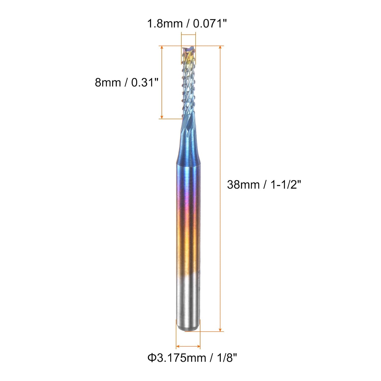 10 Uds. Fresas de extremo CNC Router Bits 18 “Shank 0.071 in Blue Coated Tungsten Carburo Fresas para PCB Acrílico Madera Aluminio Metal