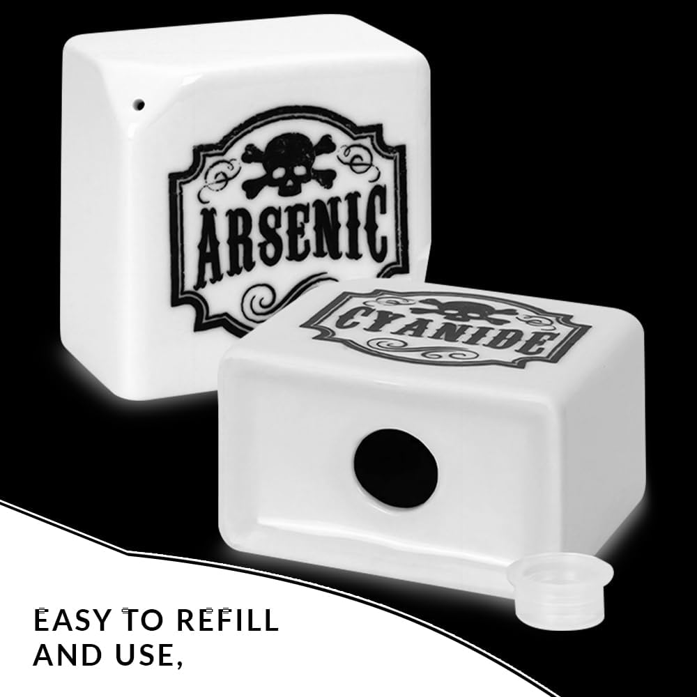 Juego de saleros y pimenteros de cerámica, juego de coctelero de especias con etiquetas de arsénico y cianuro de estilo gótico boticario, bonitos