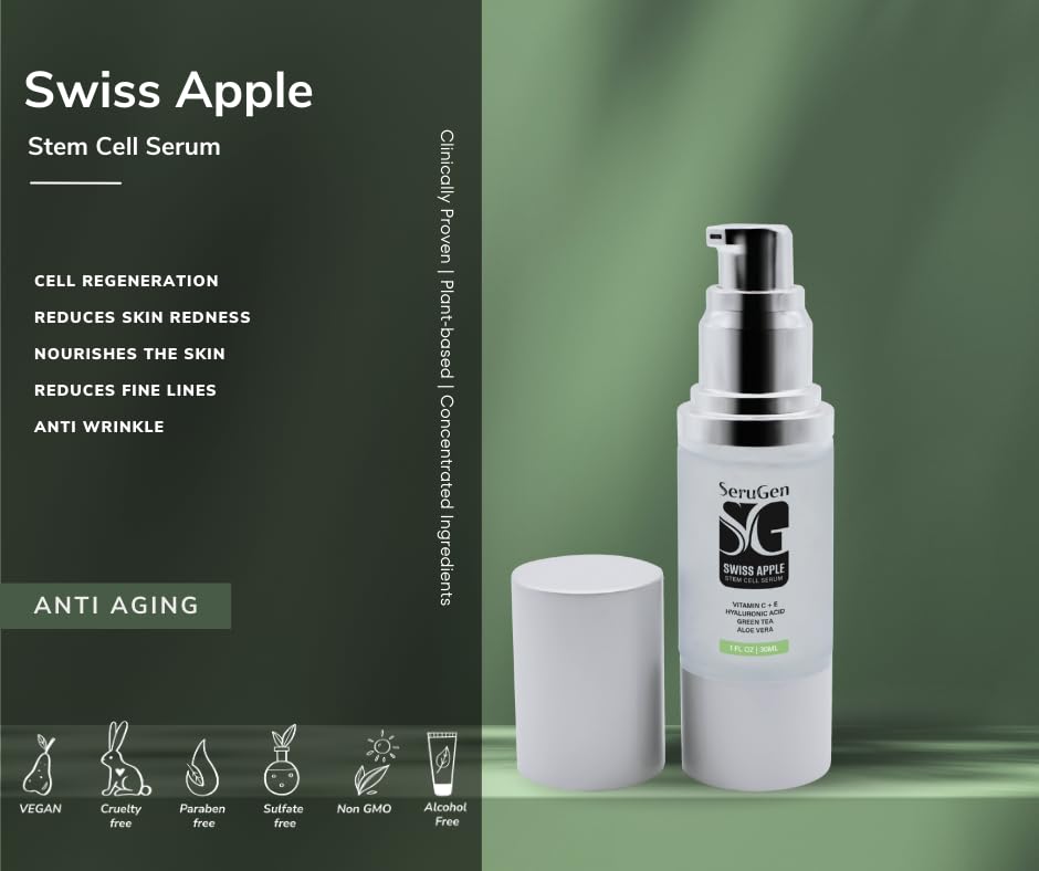 Suero de células madre de manzana suiza, 2% de células madre de manzana suiza, 9% de ácido hialurónico a base de plantas