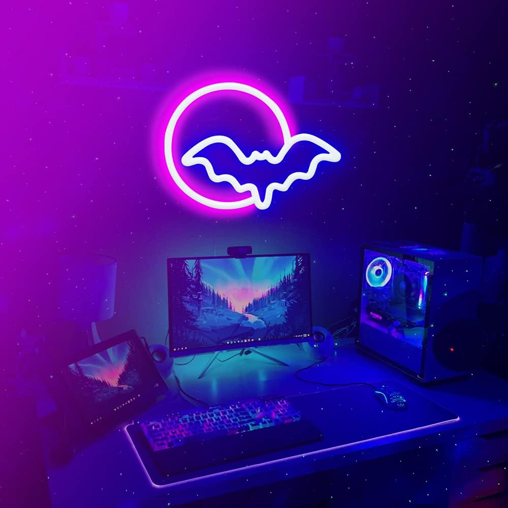 SEMETOR Letreros de neón, luces de neón LED de luna y murciélago, letrero de luz de neón para pared, USB, funciona con pilas, para decoración de
