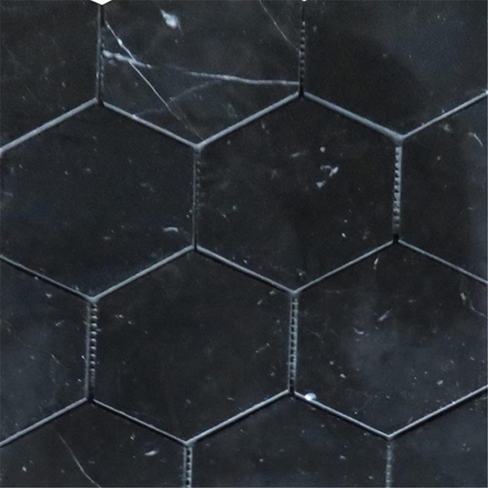 Nero Marquina – Mosaico hexagonal de mármol negro de 4 pulgadas para cocina, baño, pared, ducha (1 hoja)