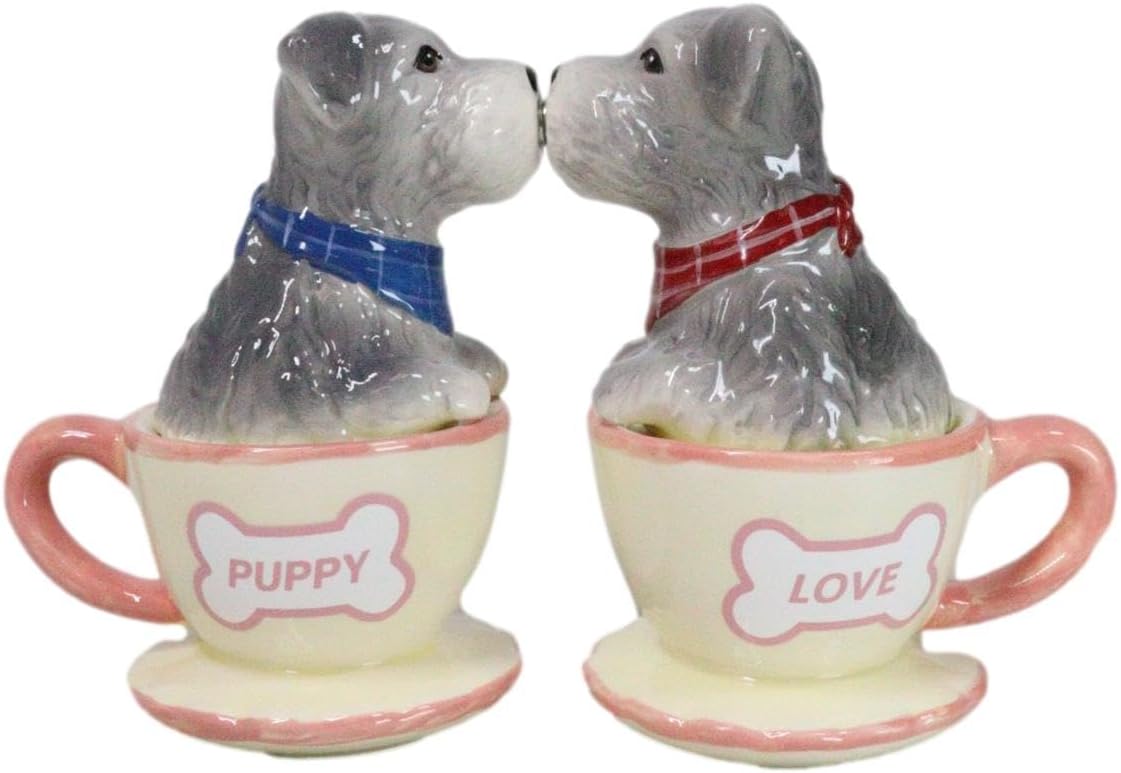 Ebros – Juego de salero y pimentero de cerámica gris Schnauzer en miniatura, juego de salero y pimentero, figuras de San Valentín, fiestas, cocina,