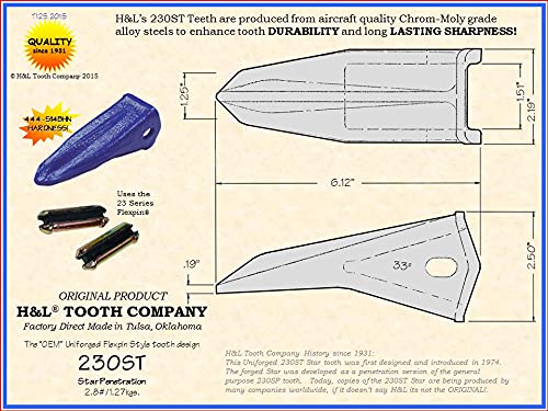H&L Tooth Company 230ST USA Forged Star o 230CST Cast Star Retroexcavadora dientes más 23FP Flexpins (paquete de 5) para Deere, Caso, JBC y más. +