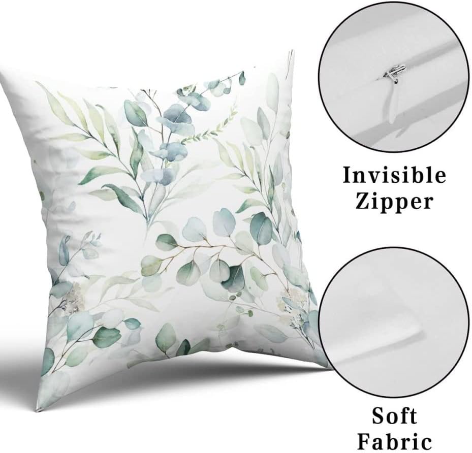 Juego de 2 fundas de almohada de hojas verdes salvia primaveral de 16 x 16 pulgadas, fundas de cojín de acuarela floral de eucalipto, estampado de