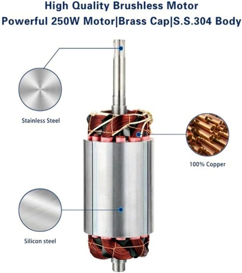 Bomba sumergible de pozo profundo DC 24V, acero inoxidable de 250 W, cabezal de 230 pies con filtro de entrada de agua, motor de CC sin escobillas,