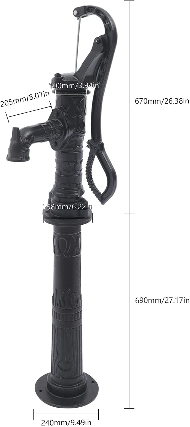Bomba de agua manual de jardín con base de soporte, bomba de jarra de 2.0 x 6.2 x 26.3 pulgadas y soporte de bomba de 27 pulgadas, bomba de jarra de