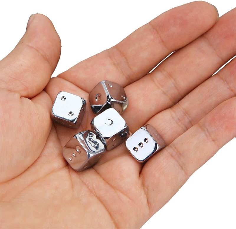 Juego de dados poliédricos de aleación de zinc para juego de mesa, aprendizaje de matemáticas, 5 piezas de 6 caras de 0.512 in (plateado)
