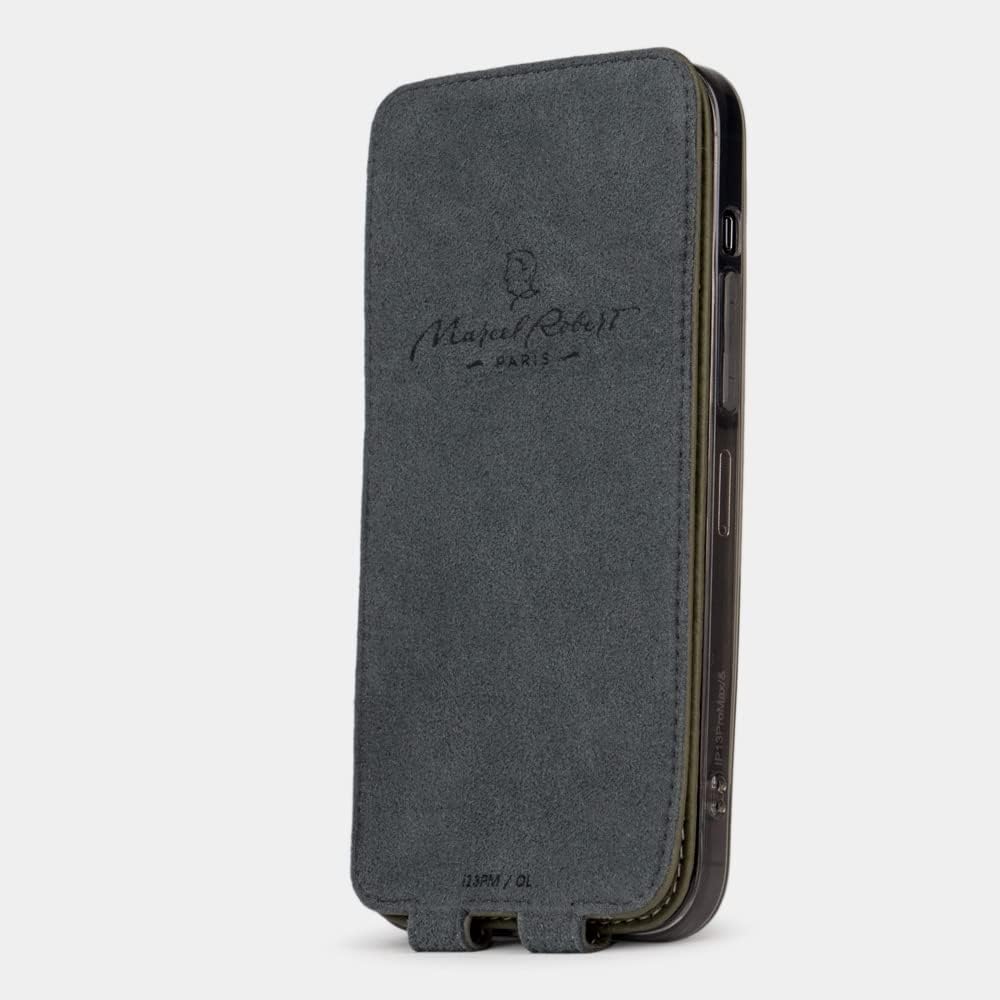 Funda de piel protectora para iPhone 14 Pro Max – Modelo patentado – Ultra fina – Fabricada en Francia con piel natural – Verde