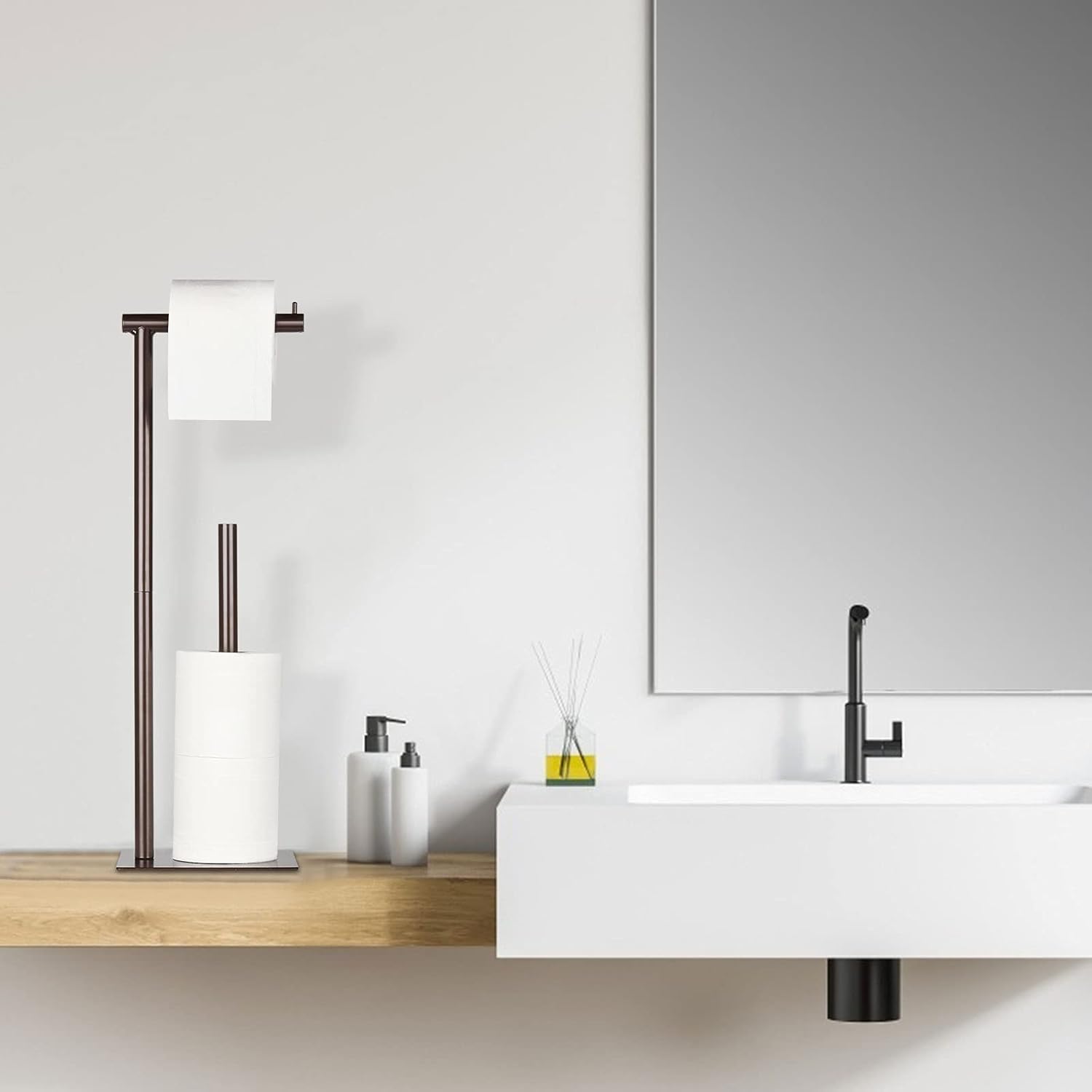 Soporte de papel higiénico industrial para rollo de papel higiénico con reserva de baño, organizador de papel higiénico de pie con dispensador de