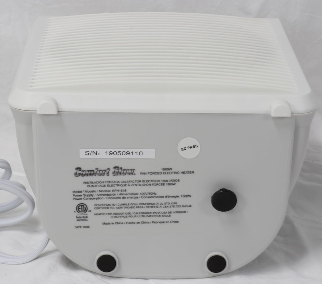 Comfort Glow EFH1518 Calentador eléctrico de ventilador, color blanco