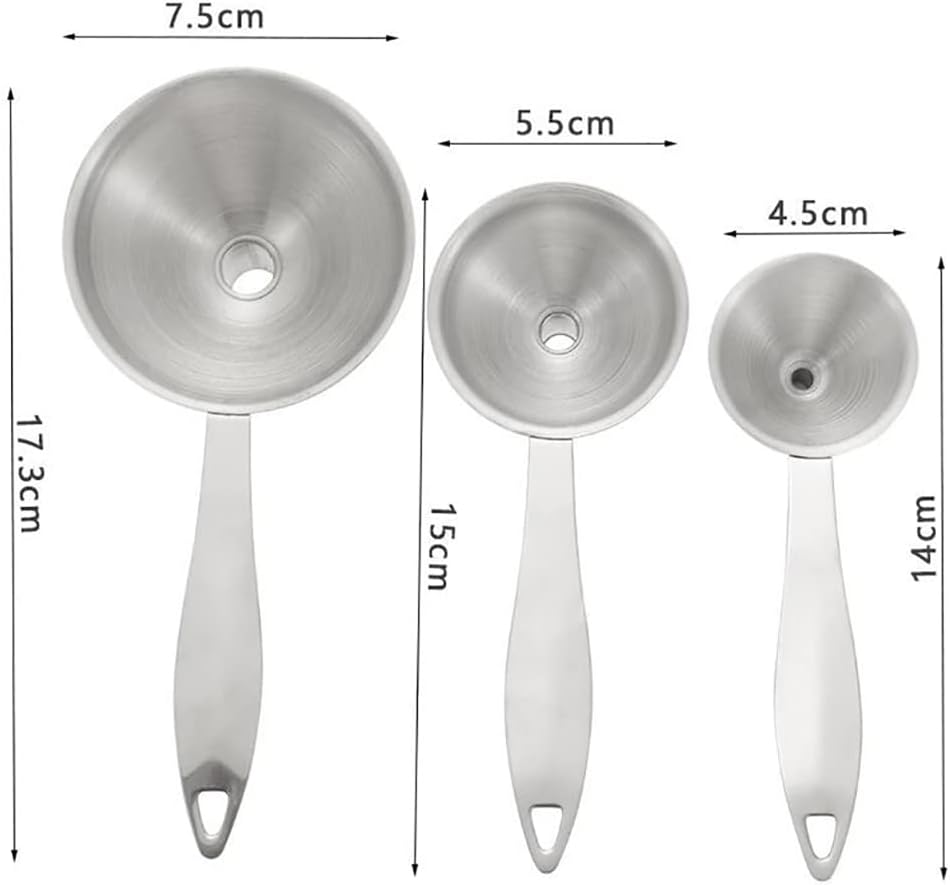Juego de 3 mini embudos de acero inoxidable, embudos de metal para cocina, embudos sin derrames, con mango largo para transferir líquidos de aceite