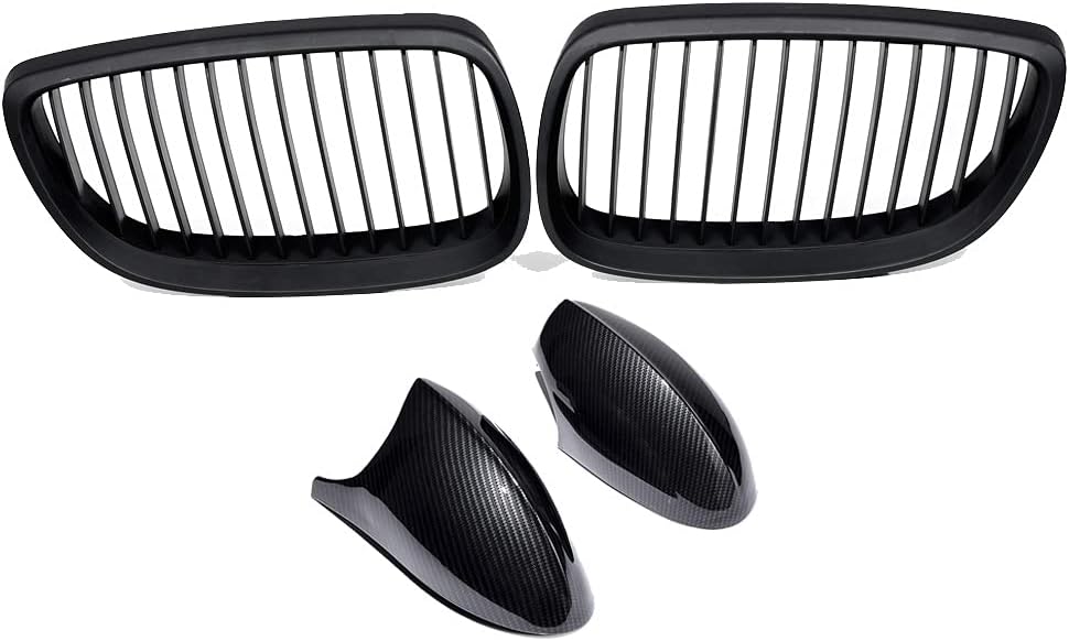LH RH – Rejilla frontal superior negra mate para riñón + 2 cubiertas de fibra de carbono para espejo lateral compatible con 06-10 E92 Coupe 2D 07-10