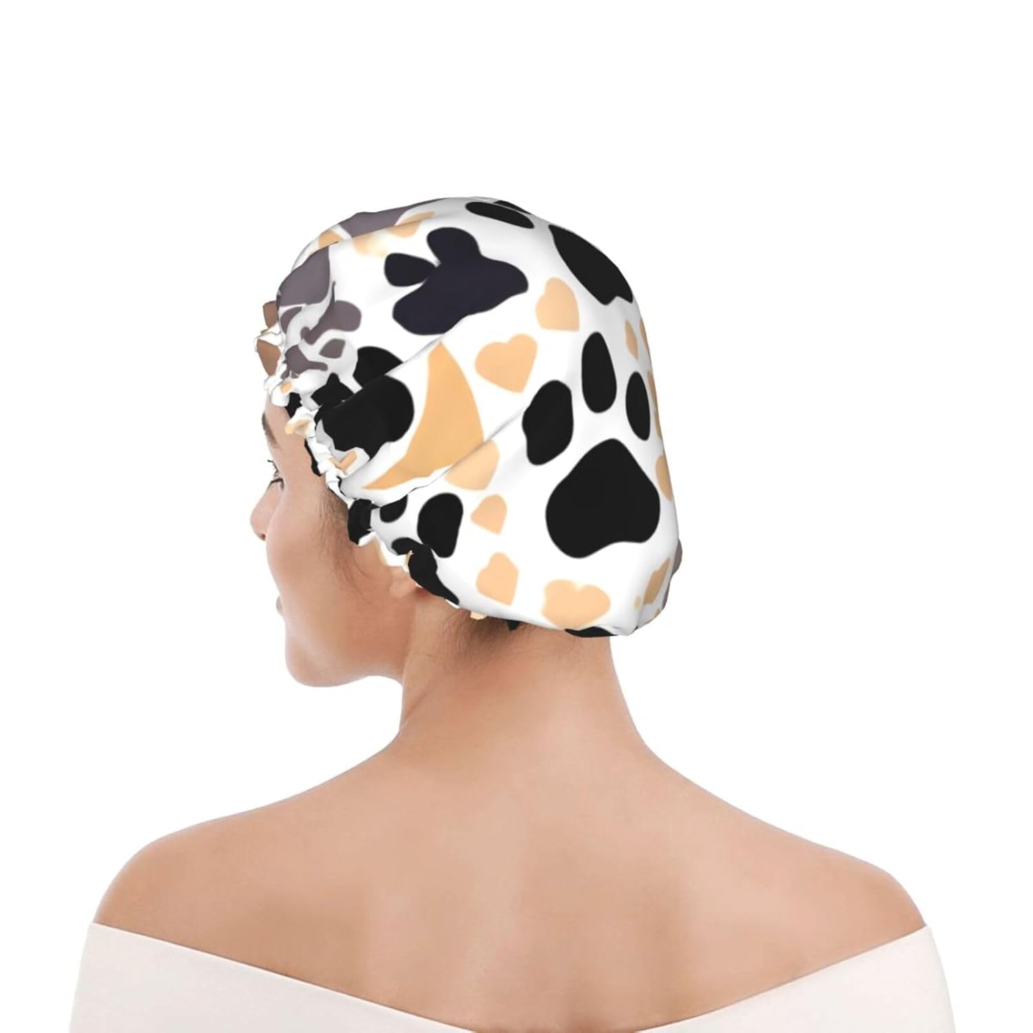 Gorro de ducha con estampado de patas de perro para mujer, elástico y reutilizable, doble capa impermeable