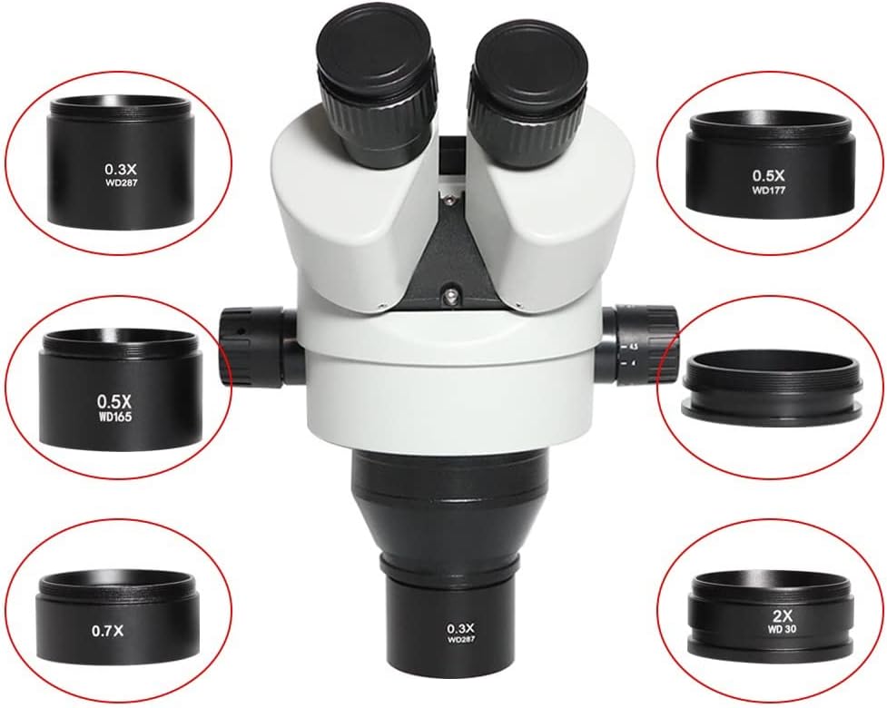WD165 0.5X 0.7X 1.0X 2.0X Objetos Auxiliares Lente Microscopio Lente de cámara para Trinocular Estéreo Zoom Microscopio Barlow Lente de vidrio