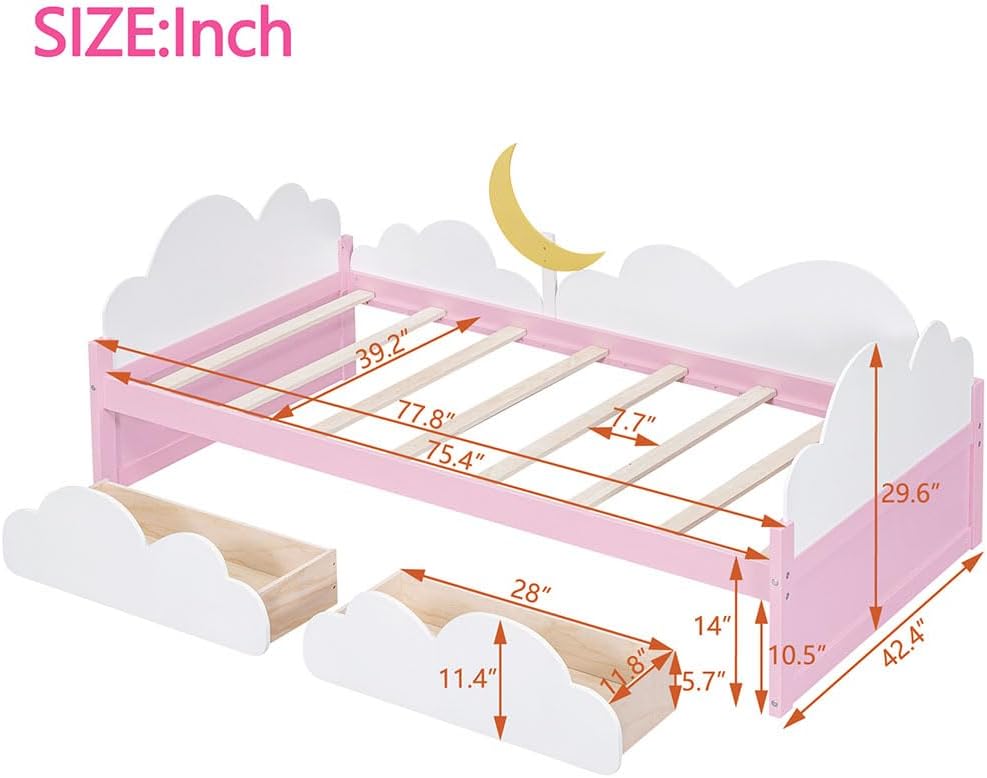 Anwick Marco de cama individual de madera para niños, marco de cama de plataforma individual con cabecero y cajones de almacenamiento, cama