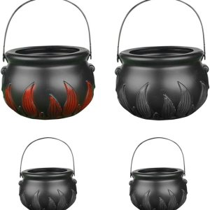 DOITOOL 4 unidades de caldero de bruja de Halloween, barril de llama de plástico, caldero negro, cubos de dulces de Halloween, recipiente con asa DOITOOL 4 unidades de caldero de bruja de Halloween, barril de llama de plástico, caldero negro, cubos de dulces de Halloween, recipiente con asa