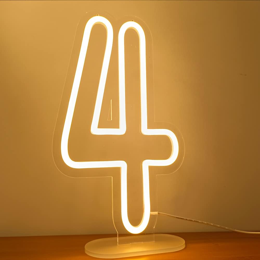 Letrero de neón con el número 4 para cumpleaños, boda, fiesta, decoración de pared, luz LED cálida, con número USB, regulable, 8.5 x 15 pulgadas