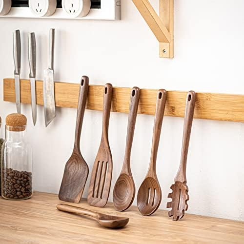 Gudamaye Cucharas de madera de nogal negro de 12 pulgadas para cocinar, 6 cucharas largas de madera Handel, utensilio de madera de nogal negro