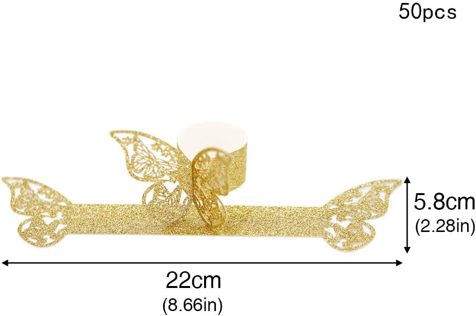 Juego de 50 servilleteros de papel de mariposa 3D, servilleteros de papel de aluminio huecos, hebillas de servileta, decoraciones de mesa para