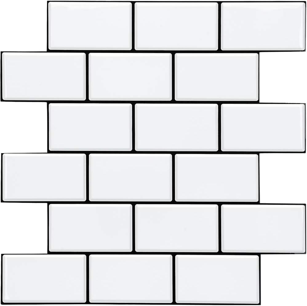 STICKGOO – 10 hojas de azulejos Peel and Stick de metro color blanco para placa de salpicaduras de cocina color blanco (diseño más grueso)