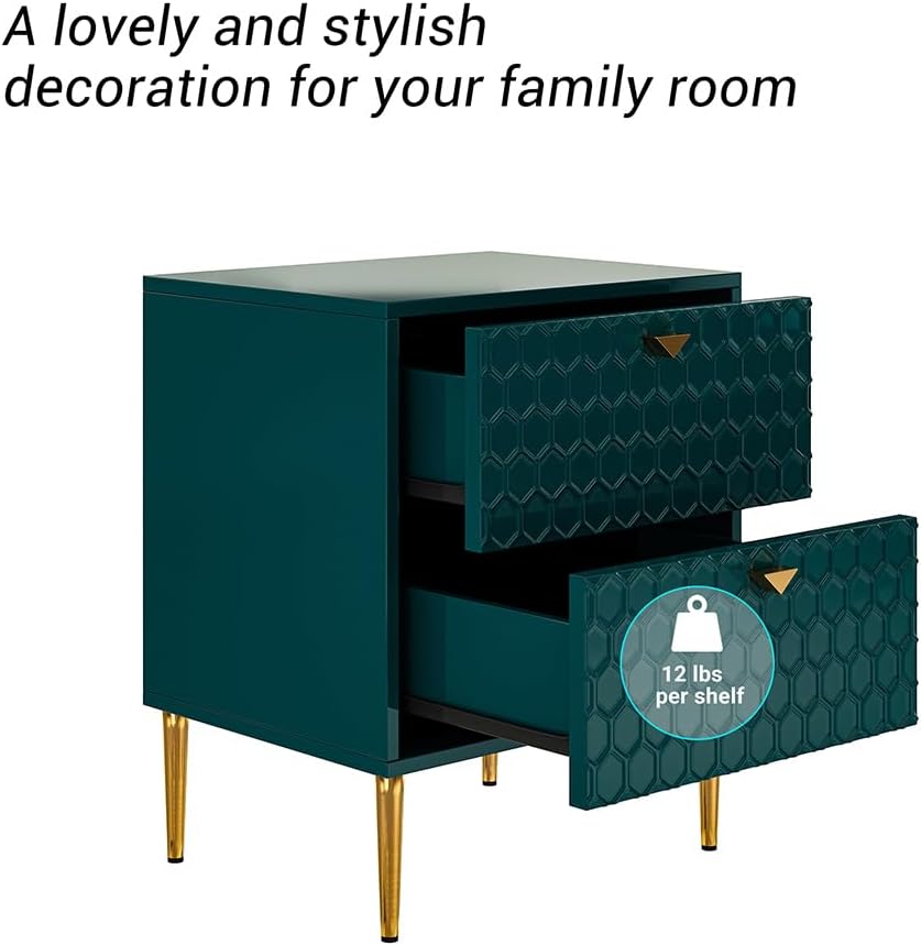 Mesita de noche con 2 cajones, elegante armario de noche de alto brillo con pomos de latón para sala de estar, dormitorio, verde