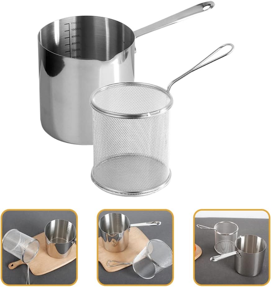 BESTonZON 1 juego de cuchara de freír con mango de acero, mini cesta japonesa wok fritura, cesta de papas fritas, olla freidora de pescado, freidora