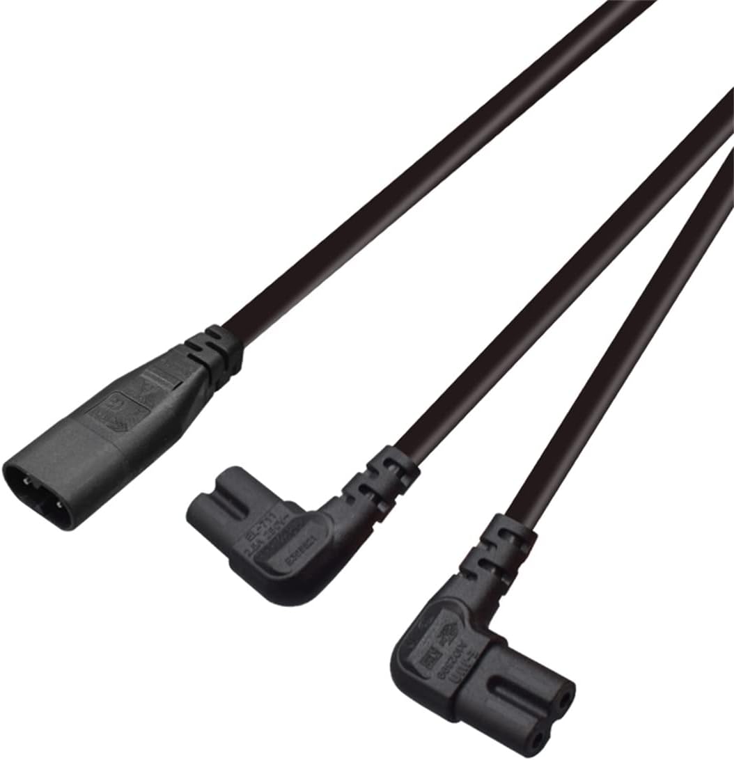 Cable de alimentación IEC 320 C8 a C7 dual figura 8 macho a doble ángulo recto hembra adaptador 1 en 2 salidas CA, cable de alimentación IEC 320 C8